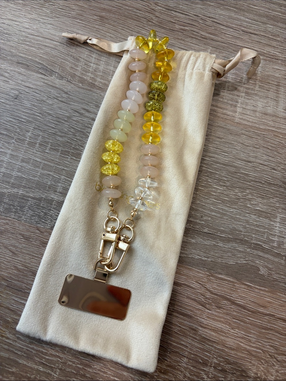 Bloomingdale's Yellow, Pale Pink & Clear Beaded Badge Lanyard with Gold Hardware